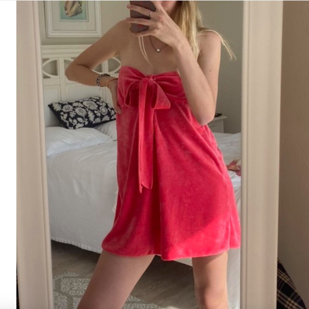strapless pink velour dress with bow tie (S)